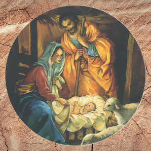Pegatina Redonda Natividad de Navidad Vintage, Niño Jesús en Pesebr