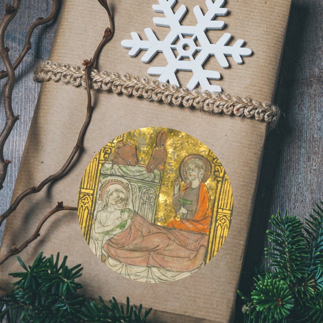 Pegatina Redonda Natividad de Navidades cristianos medievales (Medieval Manuscript Vintage Religious Catholic Christian Christmas Nativity Scene Gift Sticker)