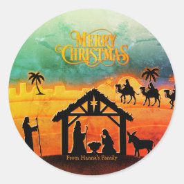 Pegatina Redonda Natividad de oro personalizada "Feliz Navidad"