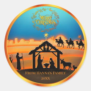 Pegatina Redonda Natividad de oro personalizada "Feliz Navidad"