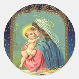 Pegatina Redonda Natividad María Sosteniendo El Niño Jesús