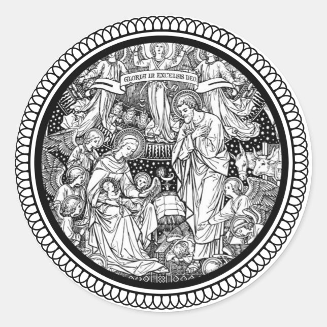Pegatina Redonda Natividad navidades Nacimiento de Jesús María José (Anverso)