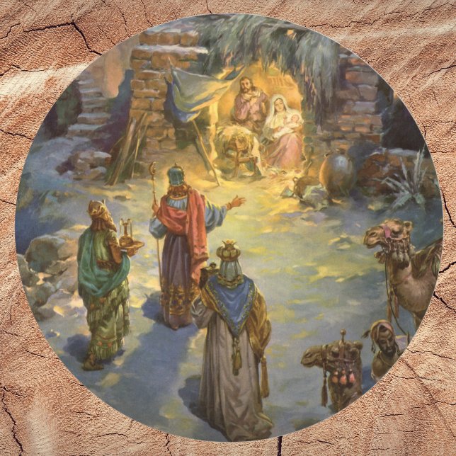 Pegatina Redonda Natividad navideña vintage con Magi visitante (Subido por el creador)