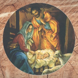 Pegatina Redonda Natividad navideña vintage, el niño Jesús en el pe