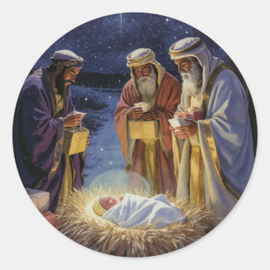 Pegatina Redonda Natividad Tradicional de los Tres Reyes Magos