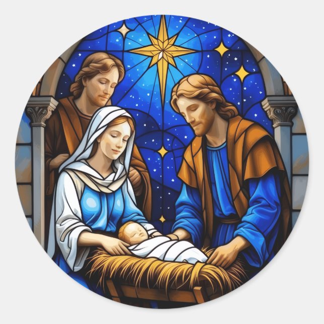 Pegatina Redonda Nativity Stained Glass Christmas Window (Anverso)