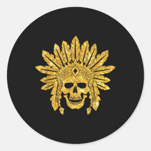 Pegatina Redonda Nativo Americano - Indio - Calavera - Auténtico -