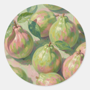 Pegatina Redonda Naturaleza muerta de guayaba verde rosa