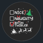 Pegatina Redonda Naughty Baton Twirler Majorette Navidades Lis<br><div class="desc">Nice Naughty Baton Twirler Majorette Navidades List Santa</div>
