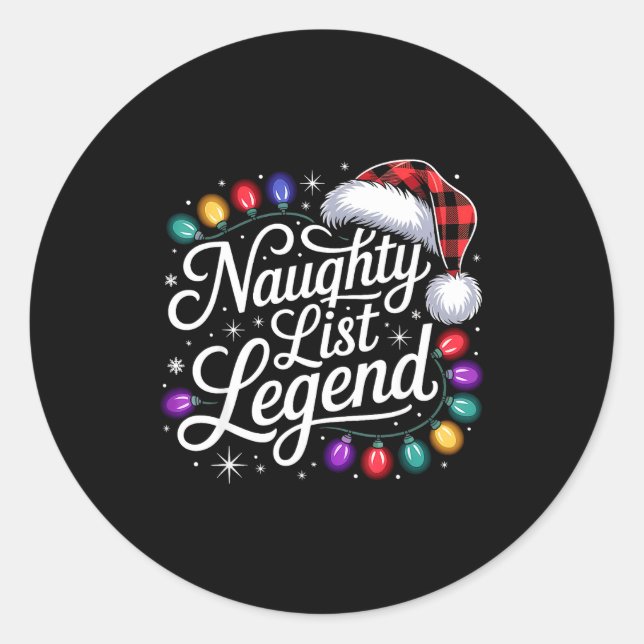 Pegatina Redonda Naughty List Legend Xmas Lights Buffalo Plaid Red  (Anverso)