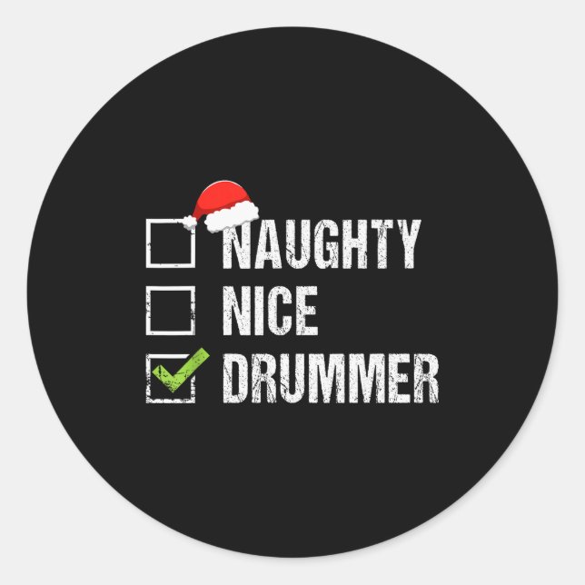 Pegatina Redonda Naughty Nice Drummer Shirt Drumming Santa Hat Chri (Anverso)