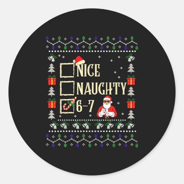 Pegatina Redonda Naughty Nice Six Seven Kids Ugly Christmas Sweater (Anverso)