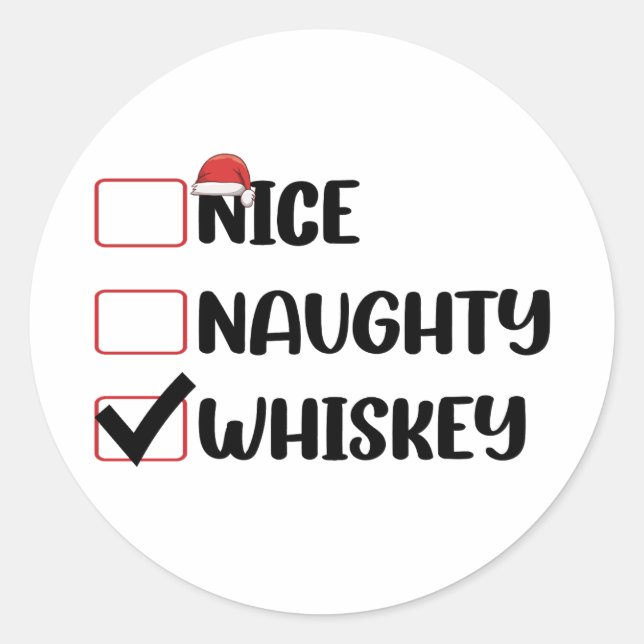 Pegatina Redonda Naughty Nice Whiskey Santa Navidades List (Anverso)