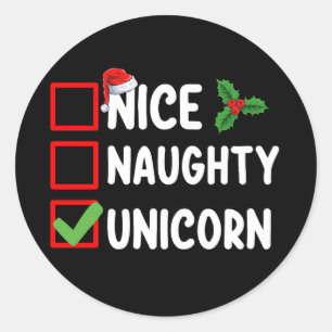Pegatina Redonda Naughty Unicorn Navidades lista vacaciones