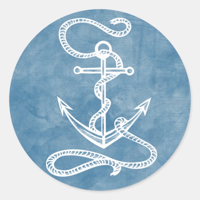 Pegatina Redonda Náutica Ancla Acuática Marítimo Océano Azul (Anverso)