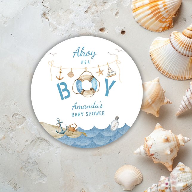 Pegatina Redonda Nautical Ahoy es un niño Baby Shower (Subido por el creador)