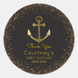 Pegatina Redonda Nautical Anchor Black Gold Favor de Baby Shower