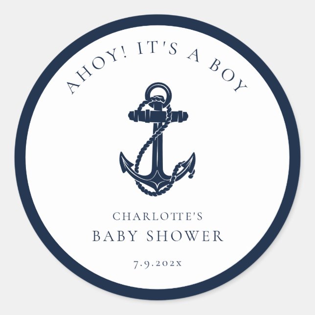 Pegatina Redonda Nautical Anchor Boy Baby Shower (Anverso)