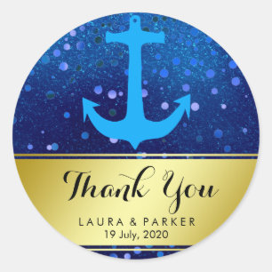 Pegatina Redonda Nautical Anchor Gracias Boda Blue Confetti
