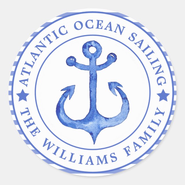 Pegatina Redonda Nautical Anchor Navy Blue Striped Personalizado (Anverso)