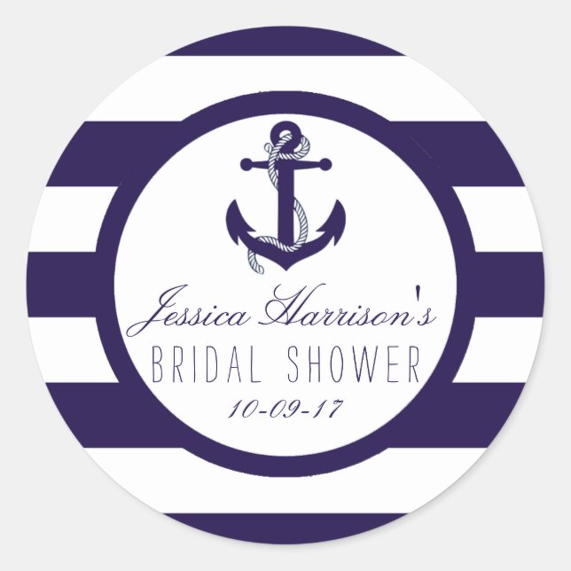 Pegatina Redonda Nautical Anchor Navy Stripe Bridal Shower Favor (Anverso)