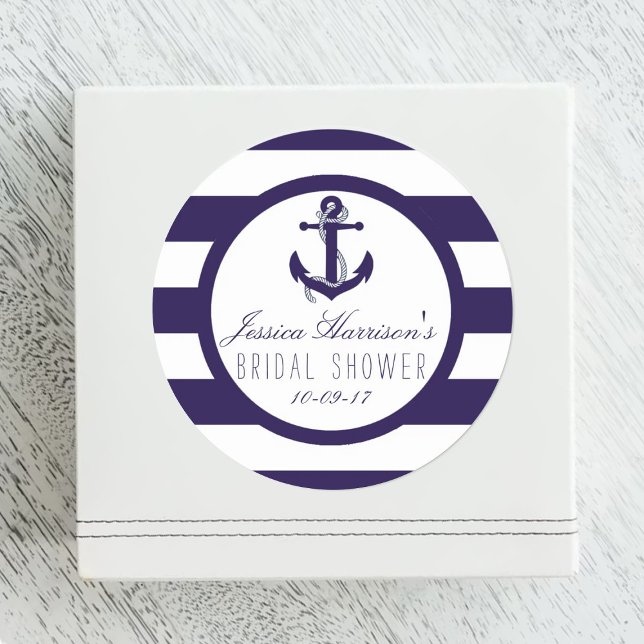 Pegatina Redonda Nautical Anchor Navy Stripe Bridal Shower Favor (Subido por el creador)