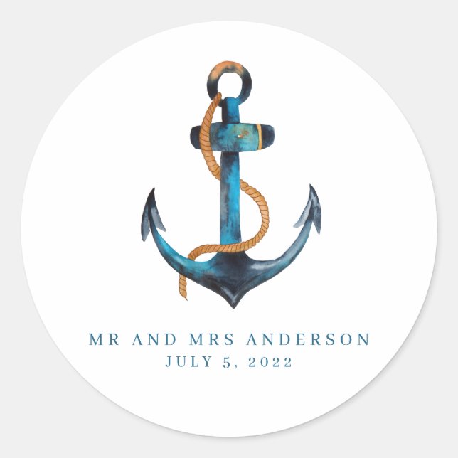 Pegatina Redonda Nautical Anchor Turquoise Beach Wedding Favor (Anverso)