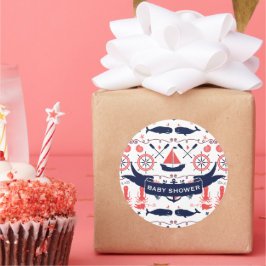 Pegatina Redonda Nautical Baby Boy Shower Coral Naval Whale Octopus