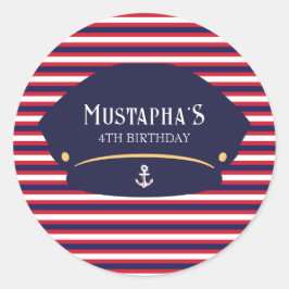 Pegatina Redonda Nautical Captain Birthday Red & Navy Stripes