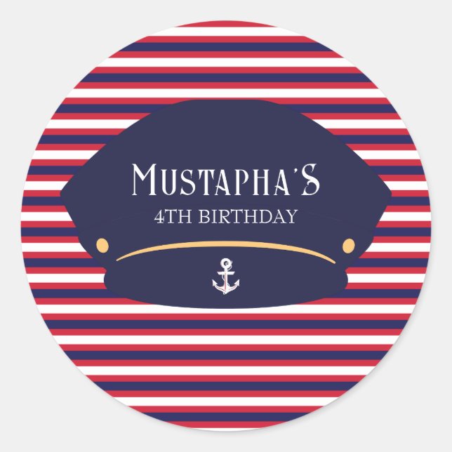 Pegatina Redonda Nautical Captain Birthday Red & Navy Stripes (Anverso)