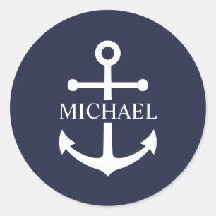 Pegatina Redonda Nautical Navy Blue Anchor Nombre Personalizado