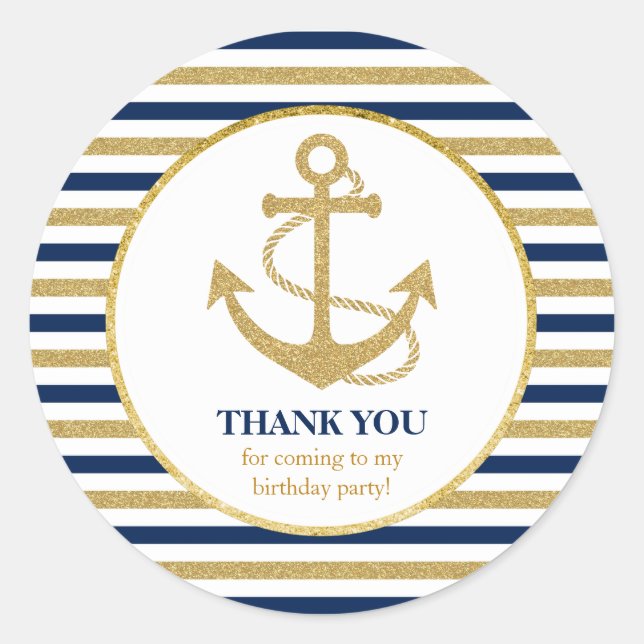 Pegatina Redonda Nautical Navy Blue Gold Anchor Gracias (Anverso)