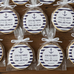 Pegatina Redonda Nautical Navy & White Stripe Anchor Wedding Favor