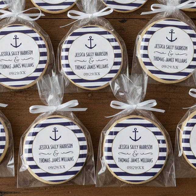 Pegatina Redonda Nautical Navy & White Stripe Anchor Wedding Favor (Subido por el creador)