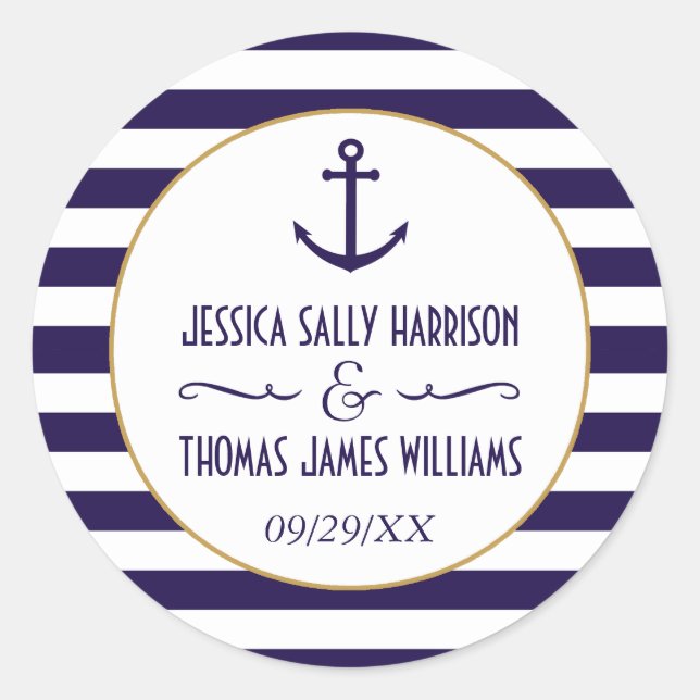 Pegatina Redonda Nautical Navy & White Stripe Anchor Wedding Favor (Anverso)