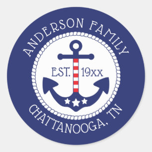 Pegatina Redonda Nautical Patriotic Anchor Family Name
