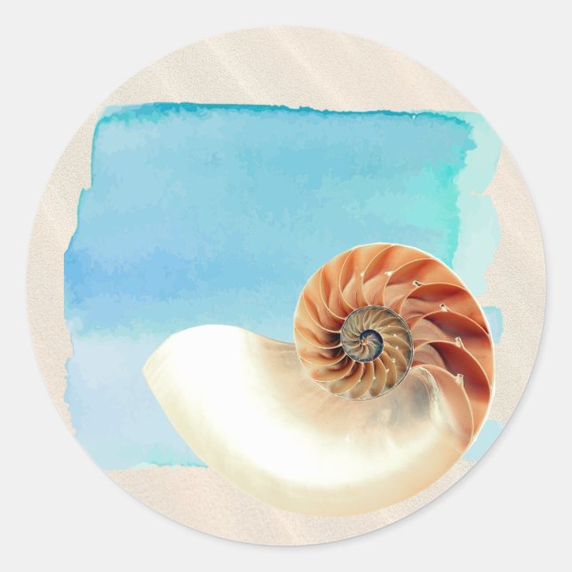 Pegatina Redonda Nautilus Seashell and Sand (Anverso)