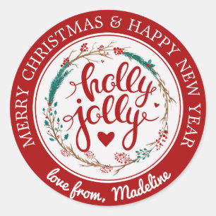 Pegatina Redonda Navidad Acuarela - Holly Jolly Wreath