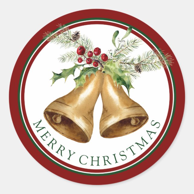 Pegatina Redonda Navidad | Acuarela - Holly Mistletoe & Bells (Anverso)