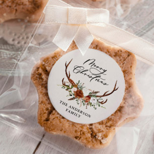 Pegatina Redonda Navidad alegre acuarela ciervo floral