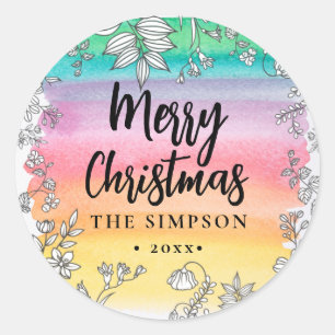Pegatina Redonda Navidad Alegre Acuarela Colorida Letra Moderna