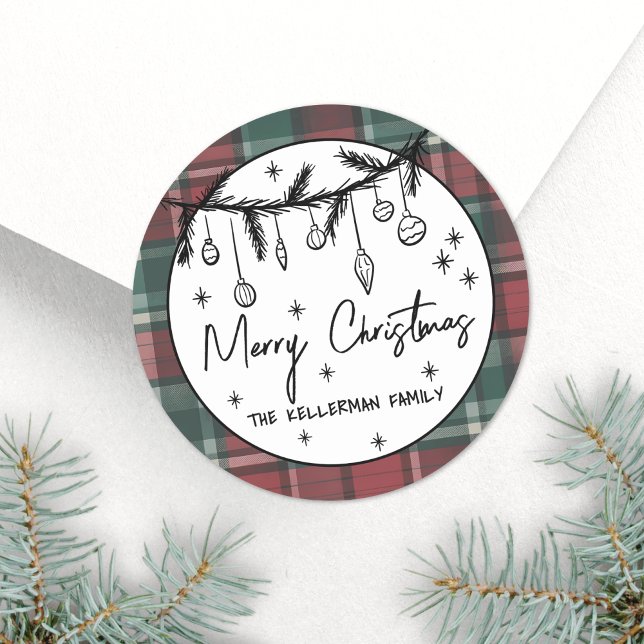 Pegatina Redonda Navidad Alegre Dibujada a Mano (Hand Drawn Merry Christmas Classic Round Sticker)