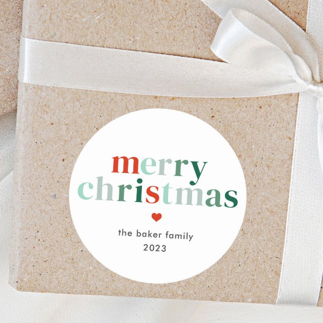 Pegatina Redonda Navidad Alegre Moderno Colorido (Red and Green Merry Christmas Holiday Gift Tags)