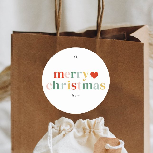 Pegatina Redonda Navidad Alegre Moderno Colorido (Modern colorful type merry christmas gift tag sticker.)