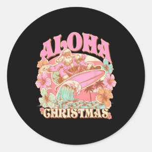 Pegatina Redonda Navidad Aloha Santa Claus Surfing Hawaiano Mele