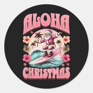 Pegatina Redonda Navidad Aloha Santa Claus Surfing Hawaiano Mele