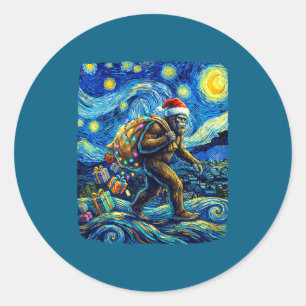 Pegatina Redonda Navidad Bigfoot Sombrero de Santa Van Gogh Noche E