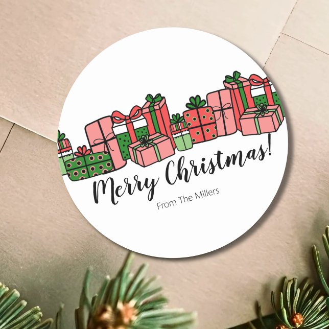 Pegatina Redonda Navidad Bonita y Colorida (Cute Colorful Simple Modern Red Pink Christmas Classic Round Sticker)