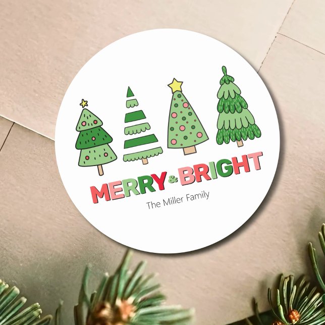 Pegatina Redonda Navidad Bonita y Colorida Alegre y Brillante (Cute Colorful Christmas Merry And Bright Classic Round Sticker)