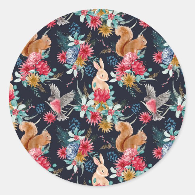 Pegatina Redonda Navidad Bosque Animales Bosque Navidad (Anverso)